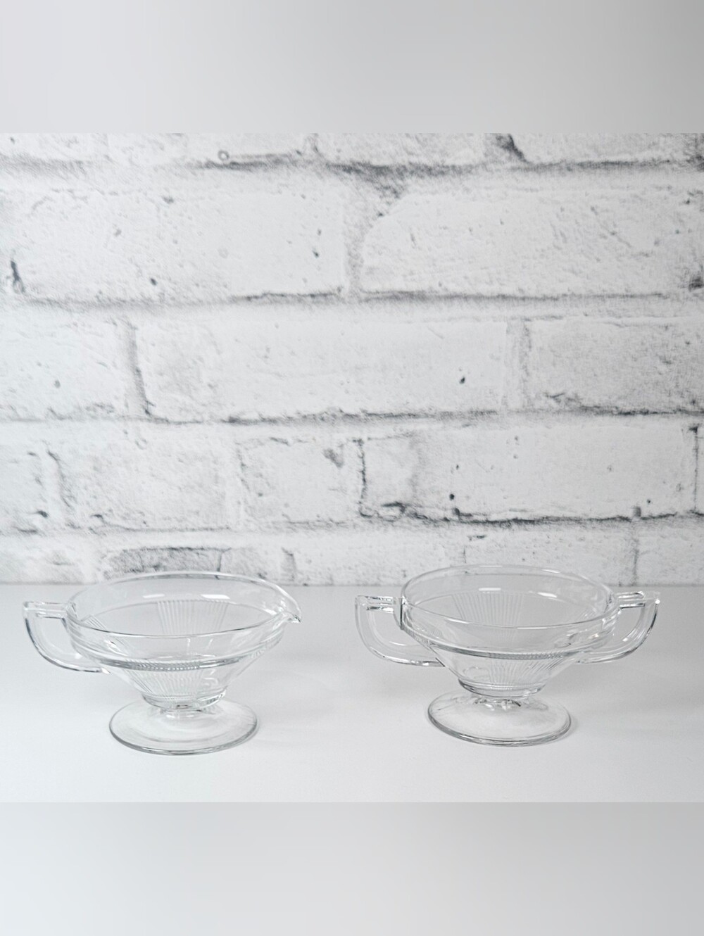 Vintage Depression Glass Creamer Sugar Bowl Set Clear Footed Ribbed